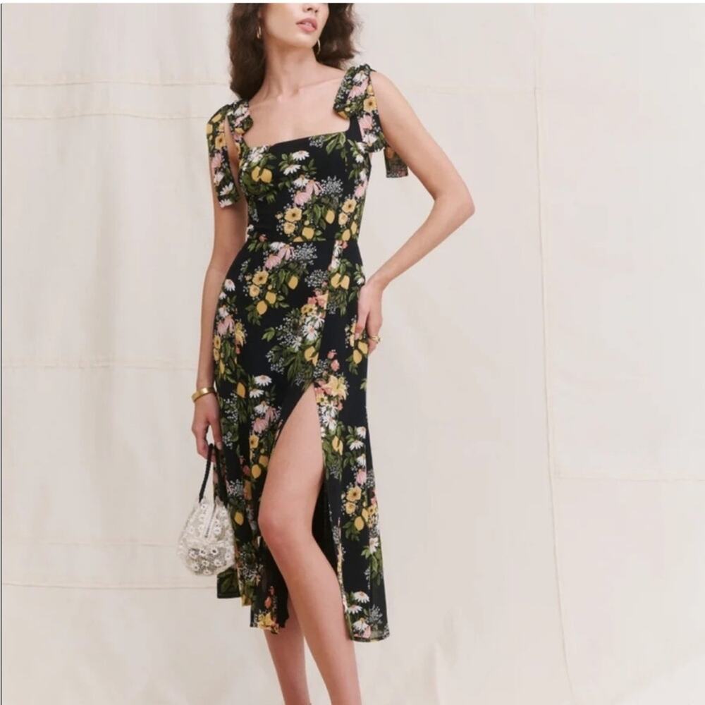 Reformation Twilight Tie Bow Sleeveless Midi Dress Sicilia Black Floral 0